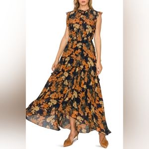 Melloday Ruffle High-Low Maxi Dress in Navy Multi / XS X-Small